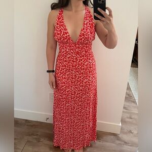 NEW - orange/red and white printed, plunge maxi dress